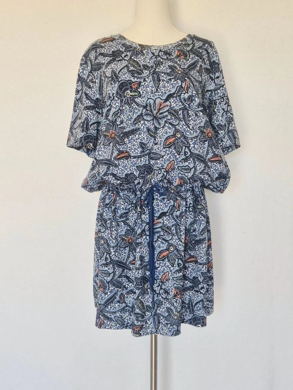 Tory Burch Floral Dropwaist Drawstring Dress Short Sleeve Blue Knit Pima Cotton